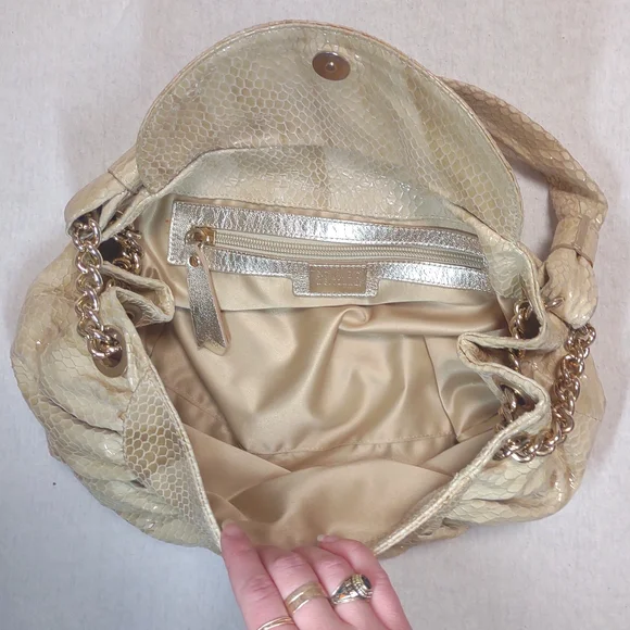 Stuart Weitzman Cream & Coffee Crocodile Embossed Y2K Hobo Bag| Gold Hardware - Picture 4 of 6